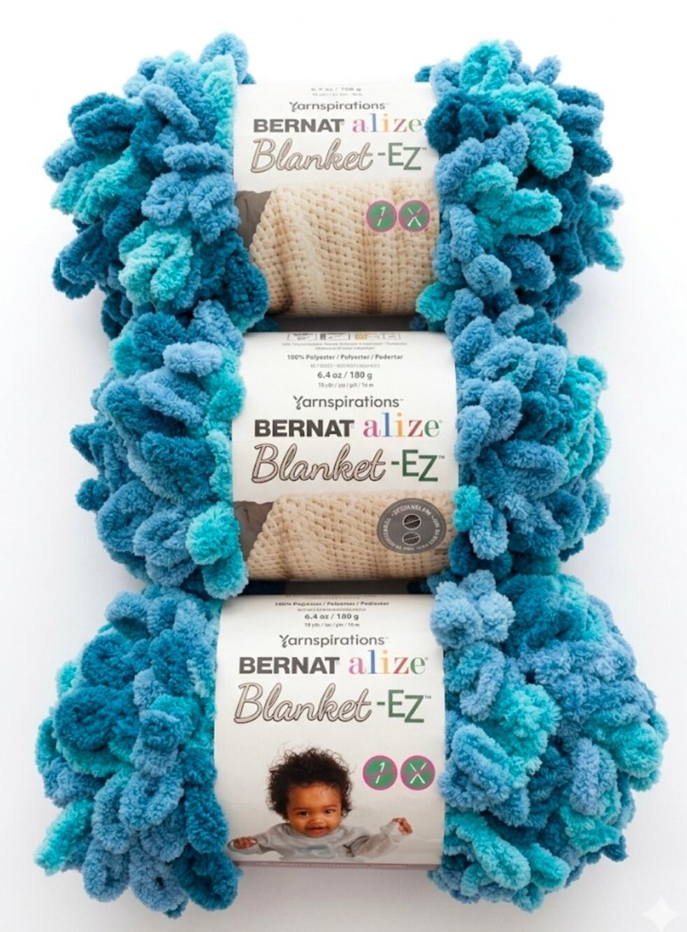 Bernat Alize Blanket-EZ Loop Yarn Blue Teal Colorway Blanket Lot of 3